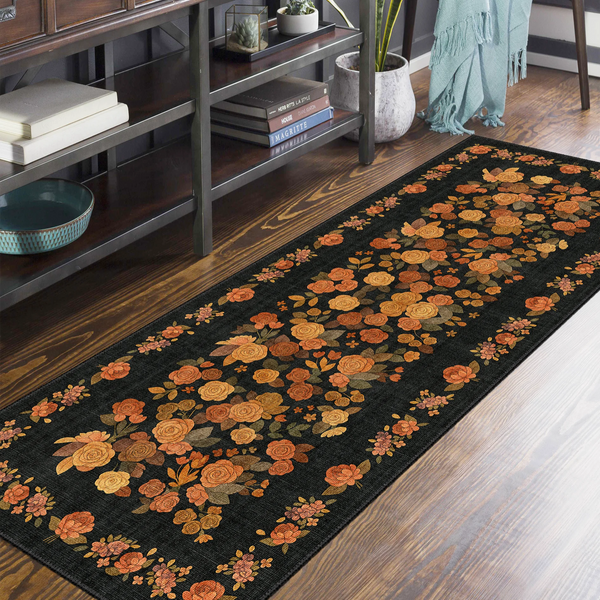 Black Floral Area Rug - KL 359