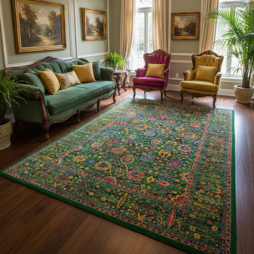 Green Floral Vintage Rug - KL 426