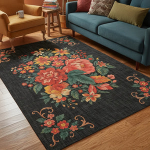 Bold Floral Rug on Dark Base – KL 354