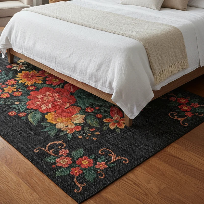 Bold Floral Rug on Dark Base – KL 354