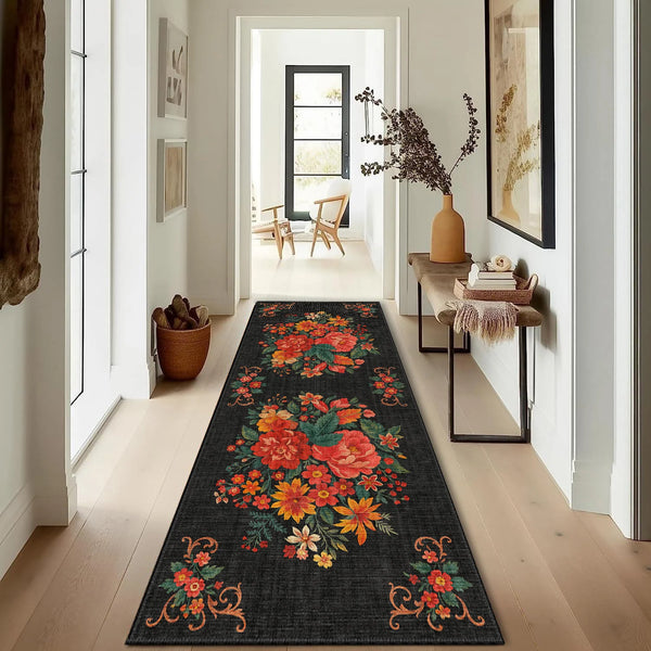 Bold Floral Rug on Dark Base – KL 354