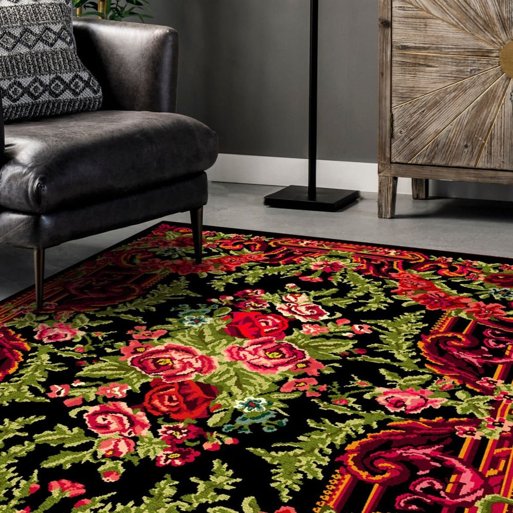 Machine-washable Karabagh Floral Rug, perfect for family-friendly spaces.