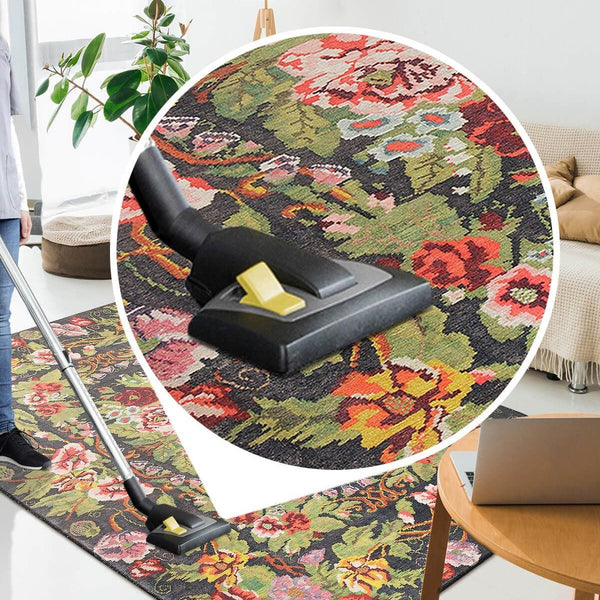 Karabagh Floral Rug under a dining table, adding cultural beauty and comfort