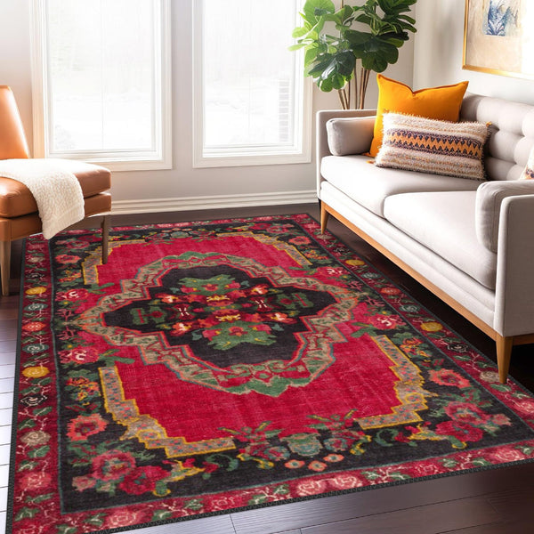 Karabakh Floral Rug featuring bold red and blue floral designs in a modern living room