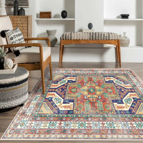 Kazakh Runner Rug enhancing the decor in a cozy living room