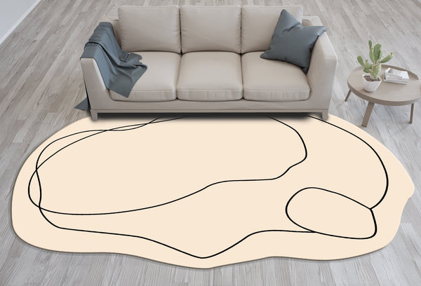 Large irregular shaped rug in a contemporary dining room