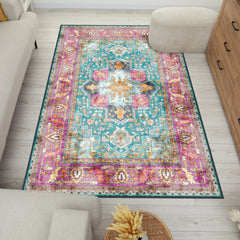 Lavish Floral Medallion Rug in Pink and Blue - A Touch of Royalty for Your Floors