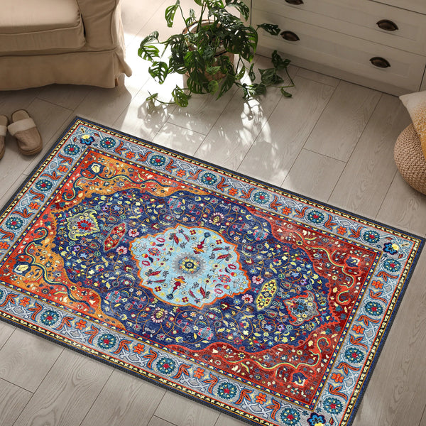Luxurious Vintage Style Persian Rug with Detailed Floral Patterns and Rich Red, Blue, and Gold Tones for Classic Home Decor