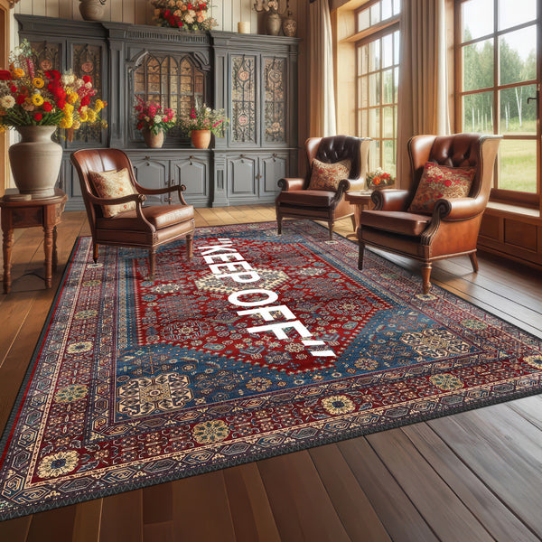 Luxury Decorative Rug with 'KEEP OFF' Lettering in Traditional Patterns