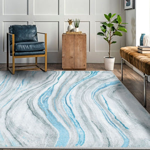 Machine-washable Blue Marble Rug, perfect for high-traffic areas