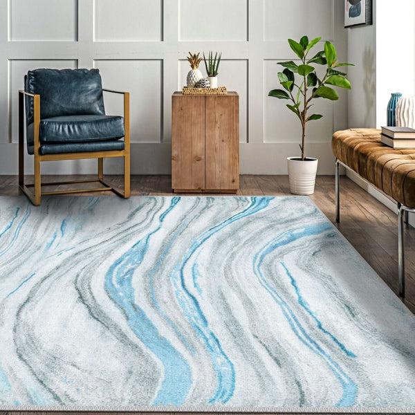 Machine-washable Blue Marble Rug, perfect for high-traffic areas