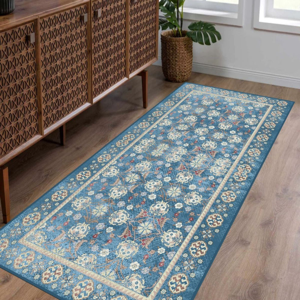 Machine-washable Blue Oushak Rug, ideal for family-friendly and high-traffic areas
