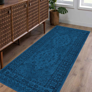 Machine-washable Deep Blue Rug, ideal for high-traffic and family-friendly areas.