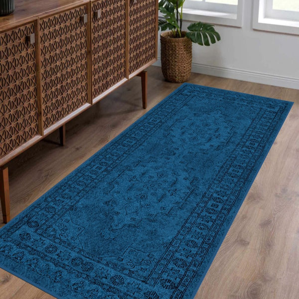 Machine-washable Deep Blue Rug, ideal for high-traffic and family-friendly areas.
