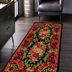 Machine-washable Karabagh Floral Rug, perfect for family-friendly spaces.