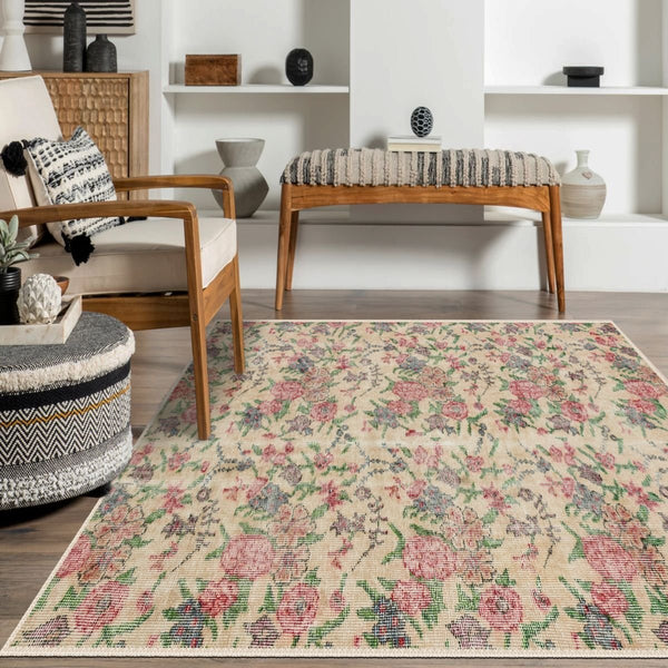Machine-washable Oushak Vintage Style Rug, perfect for family-friendly spaces