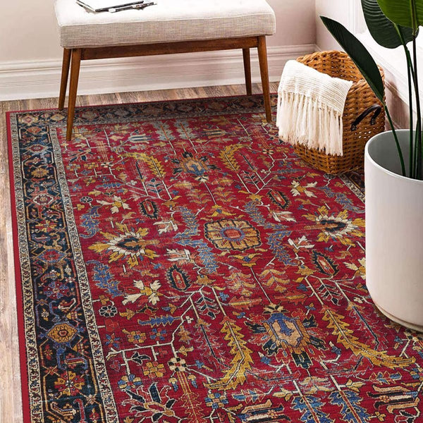 Machine-washable Rustic Boho Rug, perfect for family-friendly spaces.