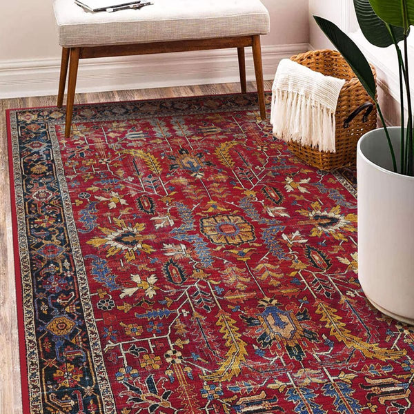 Machine-washable Rustic Boho Rug, perfect for family-friendly spaces.