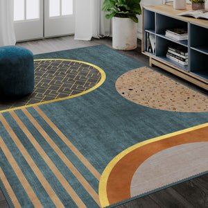 Modern bedroom featuring a large abstract rug as a bold design statement