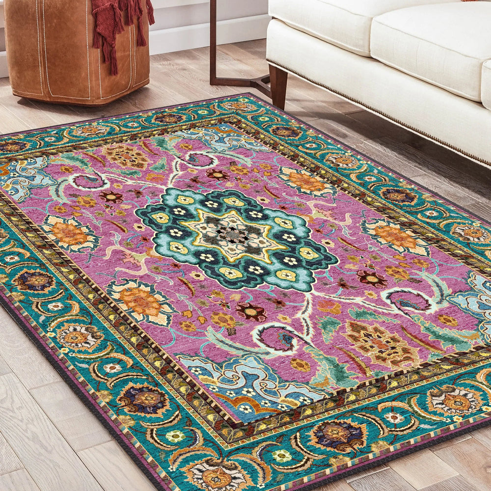 Opulent Bohemian Medallion Rug in Pink and Teal - Art for Your Floor