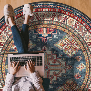 Ornate Artistry: Richly Patterned Red and Blue Area Rug