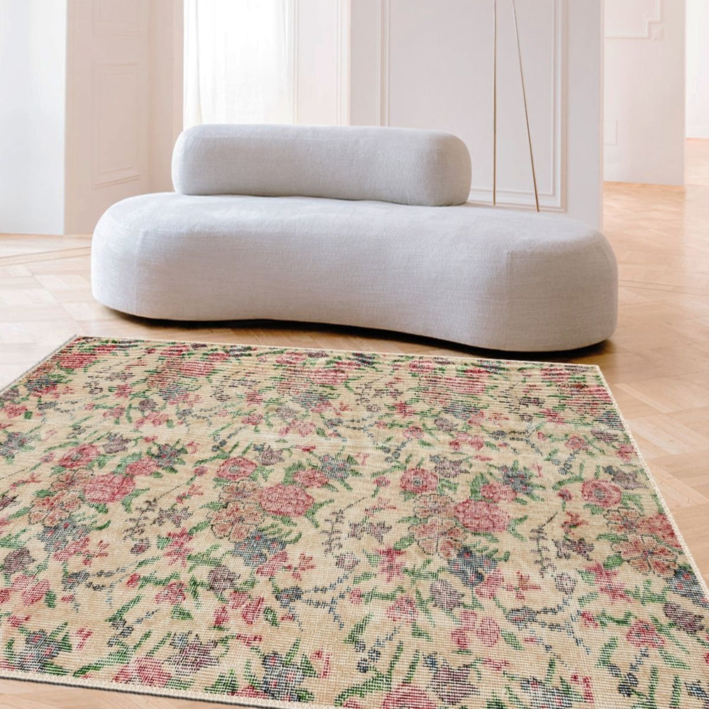 Oushak Vintage Style Rug with antique patterns in a cozy living room