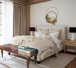 Patchwork upholstered bench displayed in a cozy living room setting