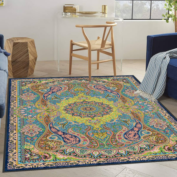 Persian Paisley Rug with intricate teardrop-shaped motifs in a modern living room setting