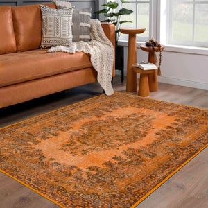 Retro Orange Rug with bold orange color and vintage pattern in a modern living room