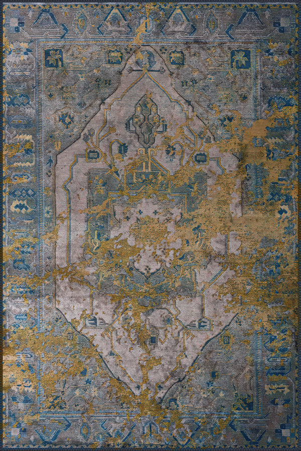 Decorative rug with geometric pattern in blue, yellow, and gray colors