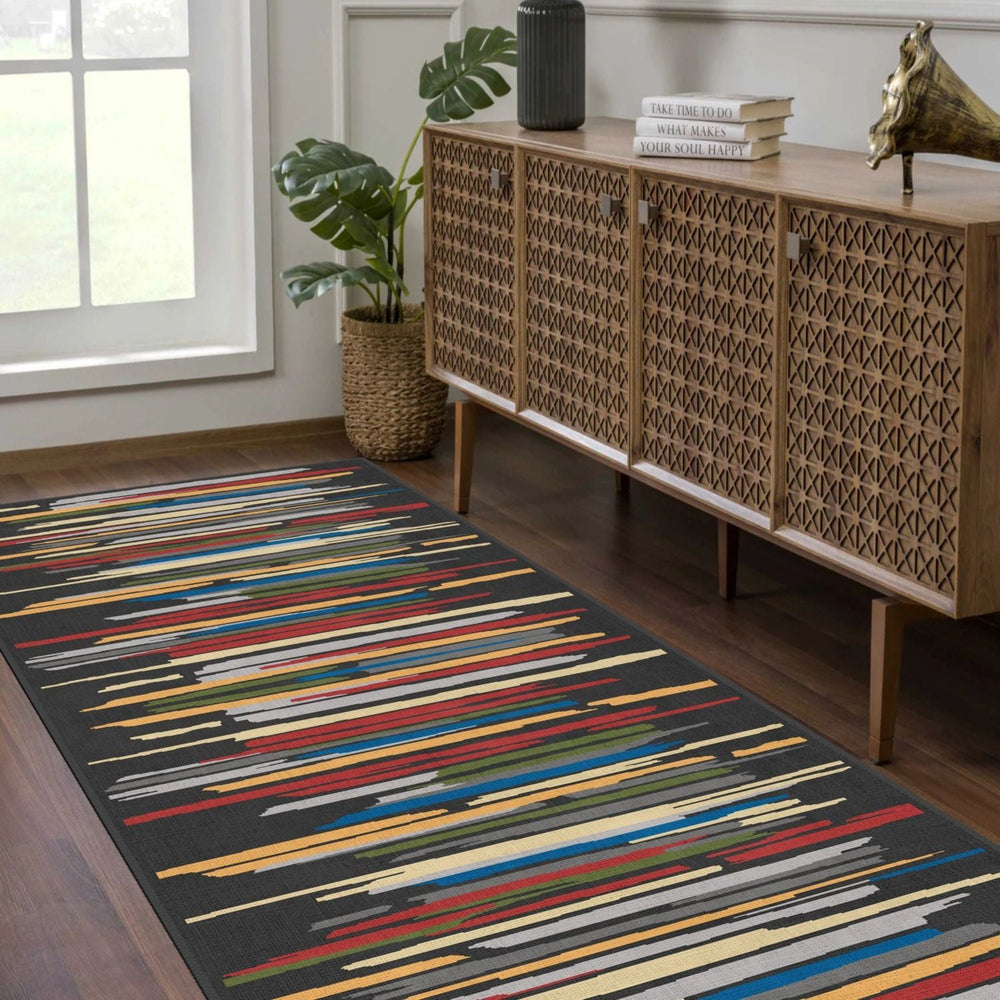 Spectrum Stripes Rug in a family-friendly room, machine-washable and hypoallergenic.
