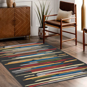 Spectrum Stripes Rug with vibrant multicolored stripes in a modern living room