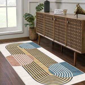 Statement art floor rug adding personality and warmth to an open space