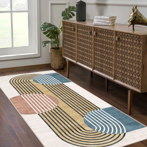 Statement art floor rug adding personality and warmth to an open space