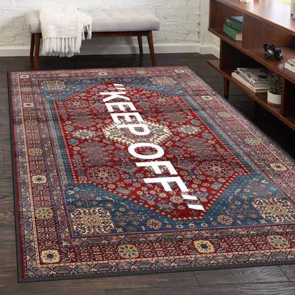 Unique 'KEEP OFF' Decorative Rug in Rich Red and Blue Tones