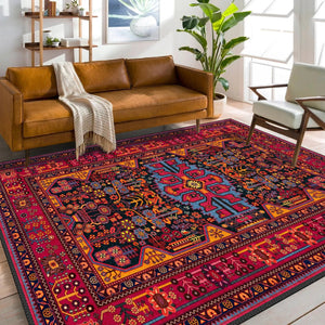 Vibrant Persian Style Bold Rug in red with navy blue, gold, and cream patterns