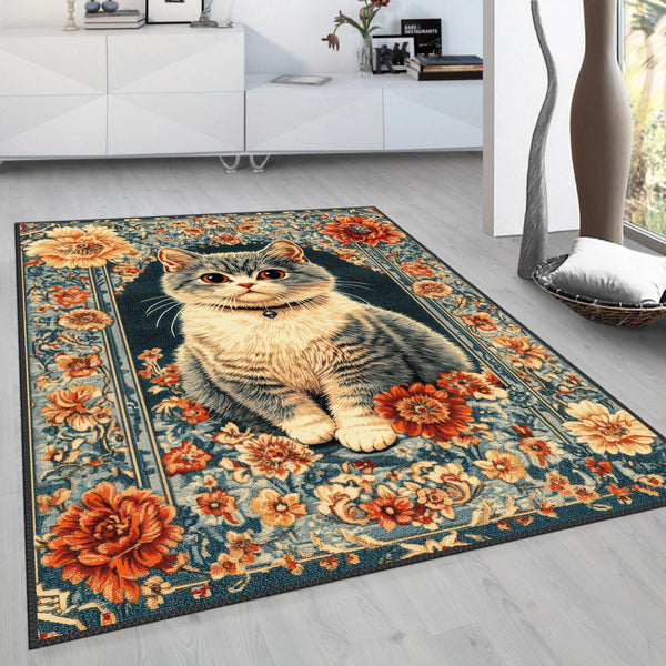 Whimsical Floral Cat Rug – Perfect for Living Room and Bedrooms